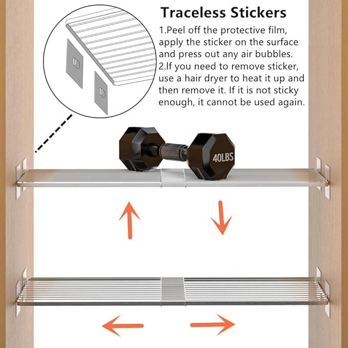 Slideep Expandable Closet Wire Shelves Stainless Steel, Heavy Duty Tension Shelf Cabinet Organizer, Strong Adhesive Closet Divider Organizer System (Large, 3Pack)