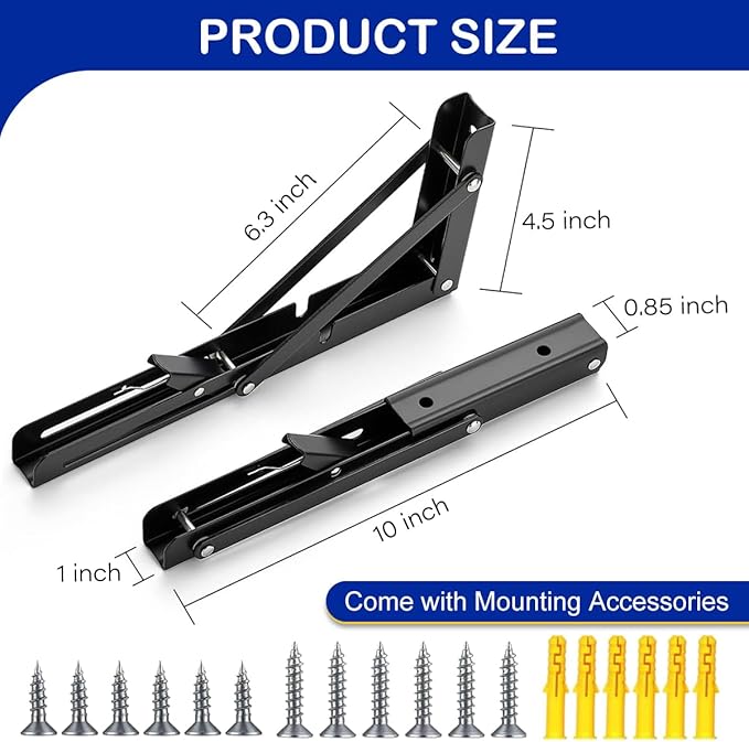 2 Pack 10'' Folding Shelf Brackets Max. Load 580 lb, Heavy Duty Stainless Steel DIY Wall Mounted Shelf Bracket Space Saving for Table Work Bench