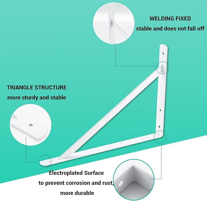 HOME MASTER HARDWARE 16x10 inch Heavy Duty Shelf Brackets, White Metal Wall Mounted Supports for Shelves, L Shaped Shelf Angle Bracket for Floating Shelves, 6 Pack