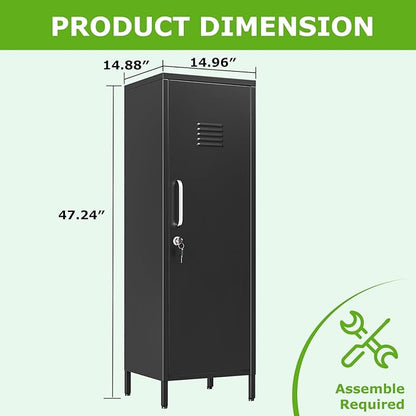 47" Metal Storage Locker, Lockable Employees Metal Locker with Door and Adjustable Shelves, Steel Locker for Home, School, Office, Gym (Black)