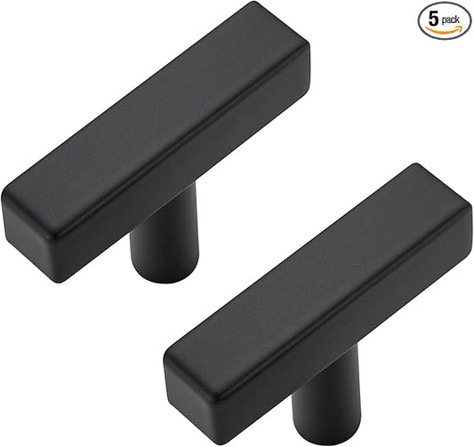 5 Pack Black Cabinet Knobs - Sqaure Bar Cabinet Pulls Matte Black Knobs for Kitchen Drawer Stainless Steel Dresser Pulls for Kitchen Hardware 2in Length Single Hole
