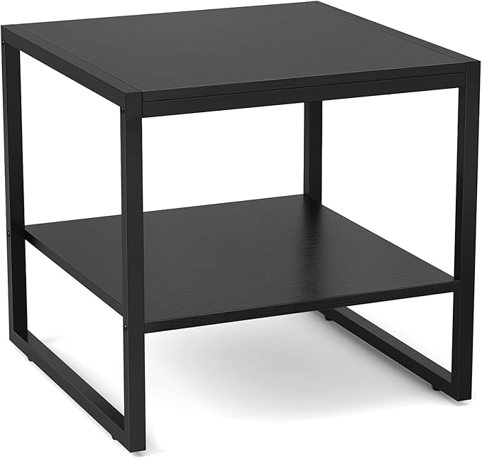 Homieasy End Table, 20 Inch Square End Table, Mini Fridge Stand with 2-Tier Storage Shelves, Industrial Wood Side Table Small Table Stand for Living Room, Bedroom, Office, Black