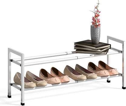 Bumusty 2-Tier Expandable Shoe Rack for Closet, 18“-33” Adjustable Shoe Rack for Small Space, Small Shoe Organizer for Front Door, Sturdy Metal, White