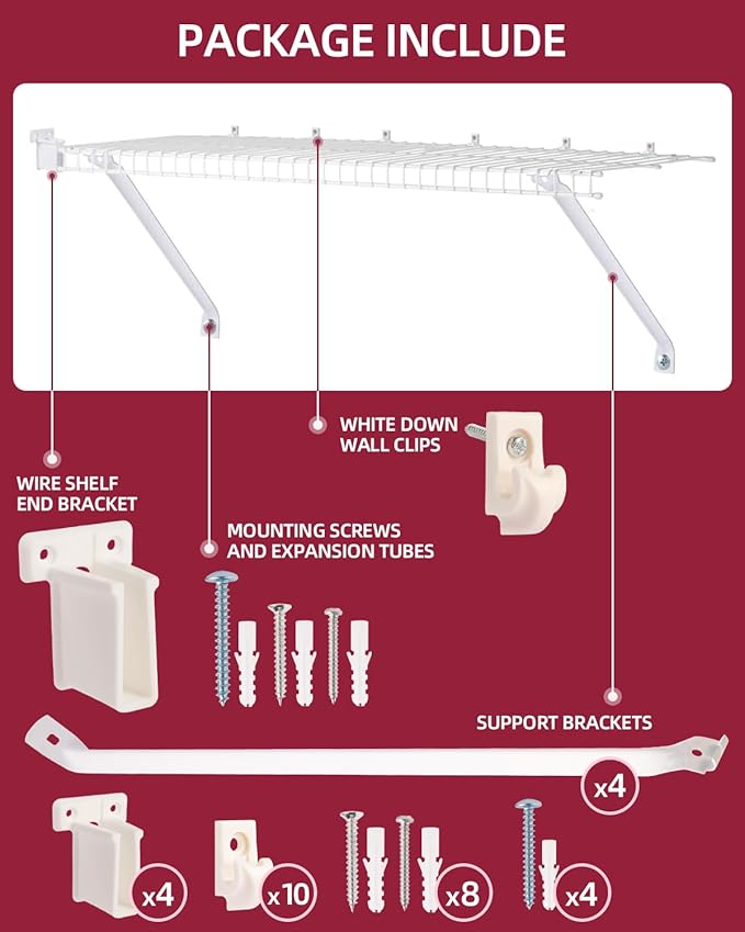 12inch Wire Shelf Brackets for Standard Shelves- 25kg Max Load Rust-Proof Metal Kit w/4 Support Brackets, 4 End & 10 Clips,for Pantry, Closet, Laundry, Utility Storage(42 Count, Excluding Rack)
