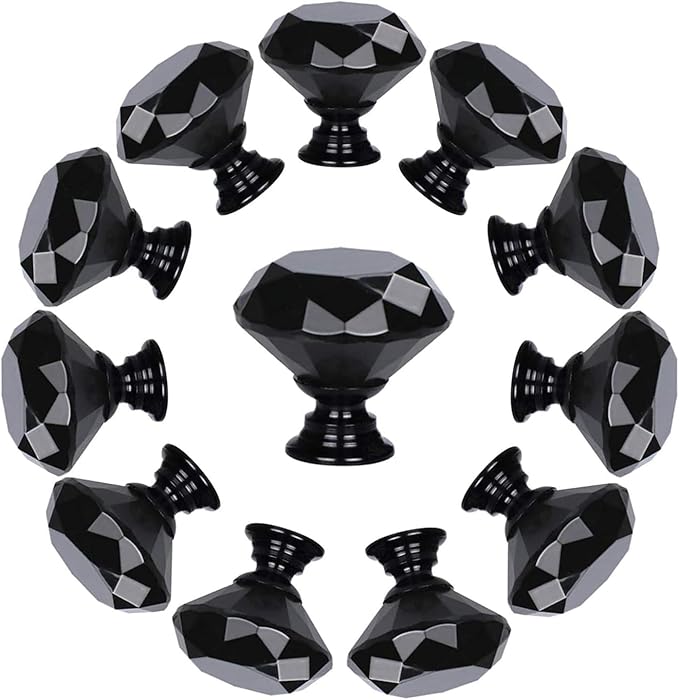 YourGift 6 Pack Drawer Knobs Diamond Shaped Crystal Glass 30mm Cabinet Knobs Pull Handles (30mm, 6 Pack, All Black)