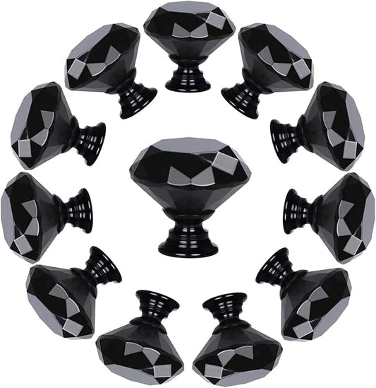 YourGift 6 Pack Drawer Knobs Diamond Shaped Crystal Glass 30mm Cabinet Knobs Pull Handles (30mm, 6 Pack, All Black)