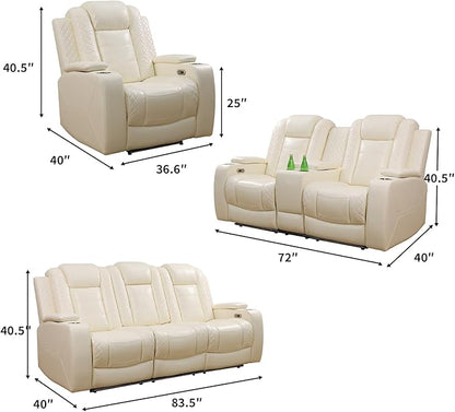 Living Room Sofa Set, Creamy White Breathing Leather Power Recliner Chair with LED Light, Living Room Furniture Sets Power Reclining Chair with Cup Holder/USB Port for Office, Rv Car