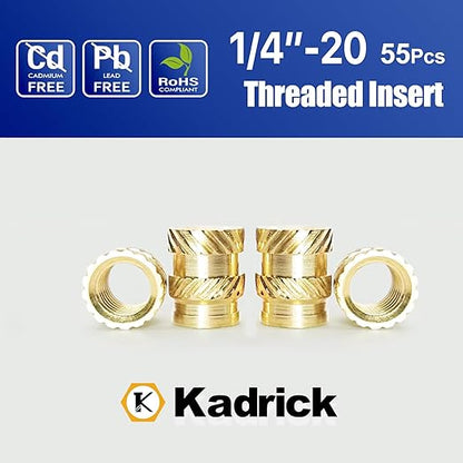 55 Pcs 1/4''-20 Threaded Inserts for Plastic with Heat Set Tip,1/4''x8mmx8mm Heat Set Inserts Kit,Brass Inserts for 3D Pringting