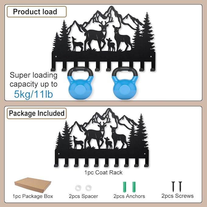 MAYJOYDIY Metal Forest Deer Coat Hook Wall Mount Mountain Tree Deer Family Coat Rack 15.7×9.8inch 10 Hooks Nature Scenery Animal Key Holder for Wall Art Decor Gift Key Hooks for Coats Hats Towels Bags