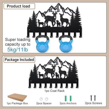 MAYJOYDIY Metal Forest Deer Coat Hook Wall Mount Mountain Tree Deer Family Coat Rack 15.7×9.8inch 10 Hooks Nature Scenery Animal Key Holder for Wall Art Decor Gift Key Hooks for Coats Hats Towels Bags