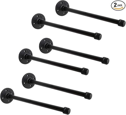 1/2" Industrial Black Iron Pipe Shelf Brackets, Rustic Wall Mounted DIY Shelving Bracket Hanging Custom Pipe Brackets for Floating Shelves (12 Inch, Piece, 6.0)