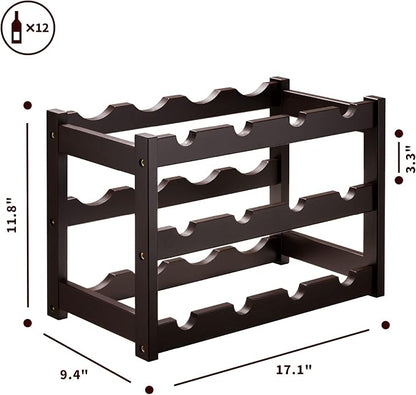 VASMIA Bamboo Wine Rack, Sturdy and Durable Wine Storage Cabinet Shelf, Wine Racks Countertop for Pantry,Kitchen,3-Tier 12 Bottles Wine Rack Brown