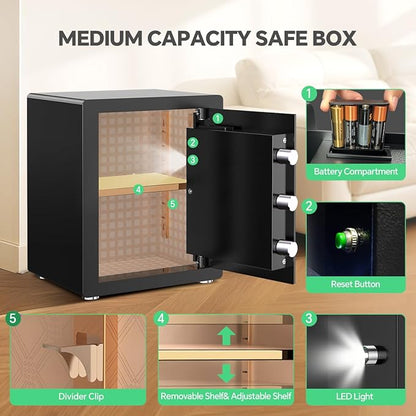 Security Safe with Digital Keypad & Alarm System - Electronic Lock Box for Jewelry Cash with Adjustable Shelves - Includes LED Light & Fireproof and Waterproof Bag(0.8/1.0/1.3/1.53/2.5Cuft)
