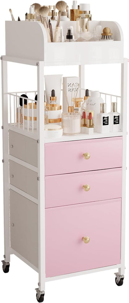 Makeup Organizer Cart with Drawers, Make up Organizers for Vanity, Floor Skincare Organizers- for Cosmetics, Nail Polish, Art Supply, Bathroom Vanity Desktop Organizer (White)