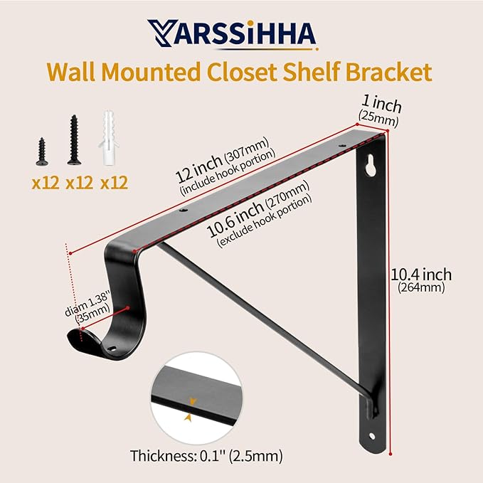 Yarssihha 6 Pack Closet Rod Bracket, 12 x 10.4 Inch Wall Mounted Closet Shelf Bracket, Black Closet Rod Support Bracket with Screws