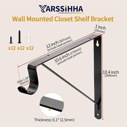 Yarssihha 6 Pack Closet Rod Bracket, 12 x 10.4 Inch Wall Mounted Closet Shelf Bracket, Black Closet Rod Support Bracket with Screws