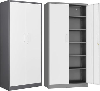 Metal Garage Storage Cabinet, 71" Locking Storage Cabinet with 2 Doors and 4 Adjustable Shelves, Lockable Metal Cabinet for Office,Home,Garage,Gym,School（Gray White）