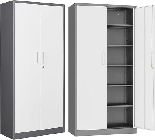 Metal Garage Storage Cabinet, 71" Locking Storage Cabinet with 2 Doors and 4 Adjustable Shelves, Lockable Metal Cabinet for Office,Home,Garage,Gym,School（Gray White）