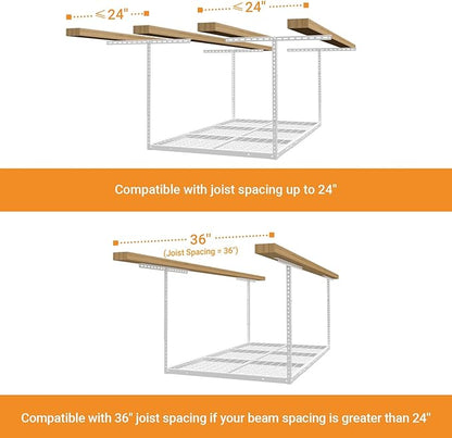 3x6ft Overhead Garage Storage Rack, Heavy Duty Metal Ceiling Shelf, 22'' to 40" Adjustable Dropdown, 450lbs Loading Weight Capacity, White