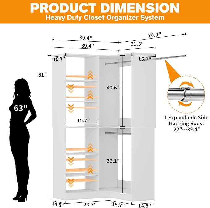 Corner Closet System with 6 Shelves, Custom 39.4"-78.8" Closet Organizer System with 3Hanging Rods, Walk in Corner Closet Organizers and Storage System, Freestanding Closet Storage System Corner,White