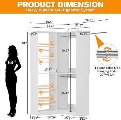 Corner Closet System with 6 Shelves, Custom 39.4"-78.8" Closet Organizer System with 3Hanging Rods, Walk in Corner Closet Organizers and Storage System, Freestanding Closet Storage System Corner,White