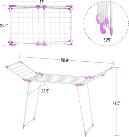 Clothes Drying Rack, Gullwing Laundry Rack, Collapsible, Space-Saving Laundry Rack, with Bonus Sock Clips, for Clothes, Towels, Linens, Indoor/Outdoor, Purple