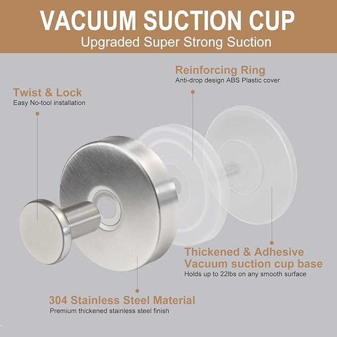 ZESLMG Nickel Suction Cup Hooks for Glass Window, Silver Shower Hook for Inside Shower, Removable Towel Hooks for Bathroom Kitchen Wall Glass Door, Wreaths Loofah Suction Hook for Hanging, 4 Pack