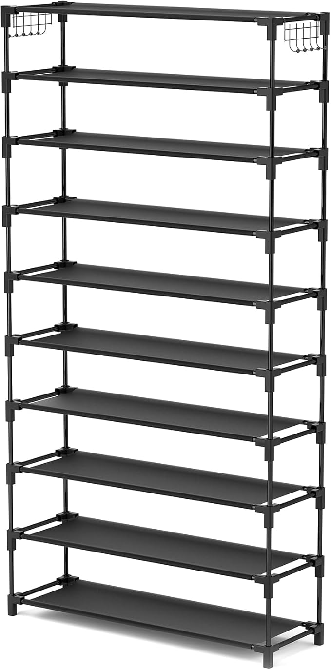 10 Tiers Shoe Rack Large Capacity Tall Shoe Organizer Sturdy Shoe Storage with Two Hooks Space Saving Metal Wide Shoe Rack for Closet, Entryway, Bedroom, Black