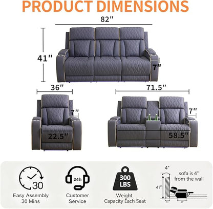 Blue Grey Leather Power Recliner Chairs, Two Reclining Sofa Chairs with Comfortable Armrest and Backrest, Living Room Furniture Sets with LED Home Theater Seating for Living Room, Bedroom