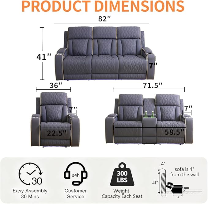 Living Room Furniture Sets, Power Reclining Sofa and Lovseat Set with Reading Light, Matte Leather Recliner Couch Sets, Power Recliner Sofa with LED Storage/Cup Holder for Home/Apt/Office