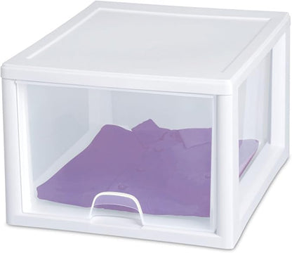 Sterilite 12-Pack 27 Quart Stacking Drawer, Clear Storage Closet Organizer, White Frame - Stackable Modular Plastic Drawers for Clothes, Accessories, Craft Supplies, Shoes or Linens