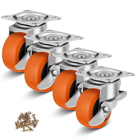 2" Caster Wheels, Casters Set of 4, Heavy Duty Casters with Brake, Locking Castors with Polyurethane Wheel，Small Plate Swivel Castor Wheels for Furniture Carts and Workbench