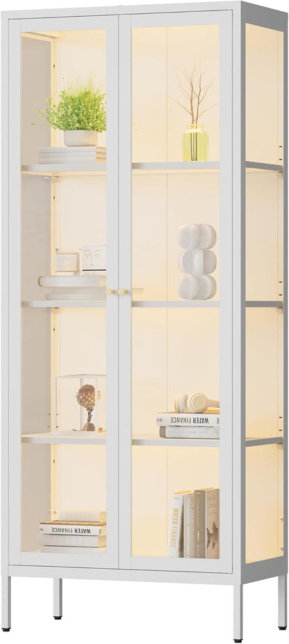 Display Cabinet with 3 Color LED Lights and Tempered Glass, 66 Inch Tall Curio Cabinet with 3 Side Glass, White Display Case for Collectibles, Lighted Cabinets for Living Room- Assemble Required