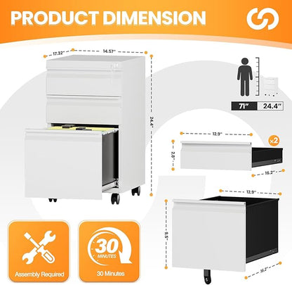 3 Drawer File Cabinet, Fully Assembled Mobile File Cabinets with Lock for Home Office, Metal Rolling Filing Caninet on Wheels, Three Drawer Under Desk Cabnet for Letter/Legal / A4 - White