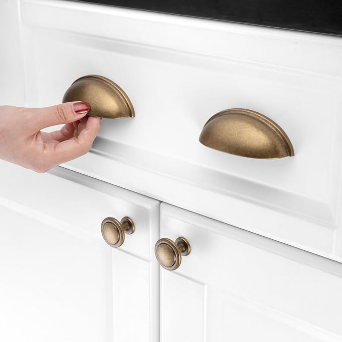 KOOFIZO 10 Pack 3 Inch Bin Cup Drawer Pulls Antique Brass Cabinet Handles Vintage Brass Cabinet Pulls for Kitchen Cabinets Drawer Dresser Cupboard Bedroom Bathroom