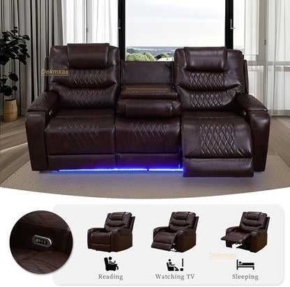 Living Room Furniture Sets, Power Reclining Sofa Couches with LED Light, Brown Breathing Leather Recliner Power Sofa with Drop-Down Table/Cup Holder/USB Port for Living Room, Office, Rv Car