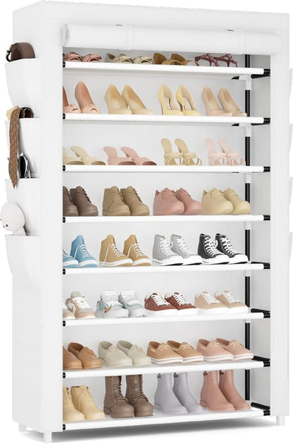 Shoe Rack with Cover, 8 Tier Tall Shoe Organizer Storage for 36-45 Pair Shoes and Boots Large Shoe Storage Shelf Free Standing Shoe Rack for Closet, Front Door Entrance, Dorm, Garage, White