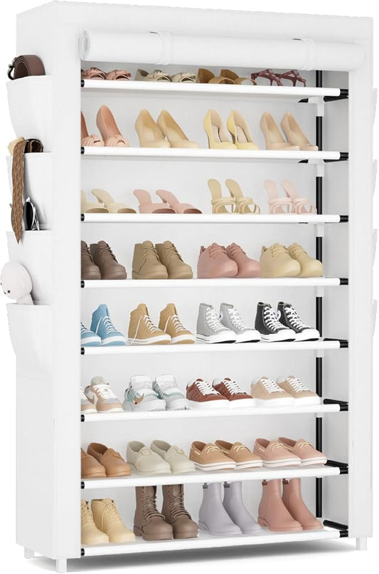 Shoe Rack with Cover, 8 Tier Tall Shoe Organizer Storage for 36-45 Pair Shoes and Boots Large Shoe Storage Shelf Free Standing Shoe Rack for Closet, Front Door Entrance, Dorm, Garage, White