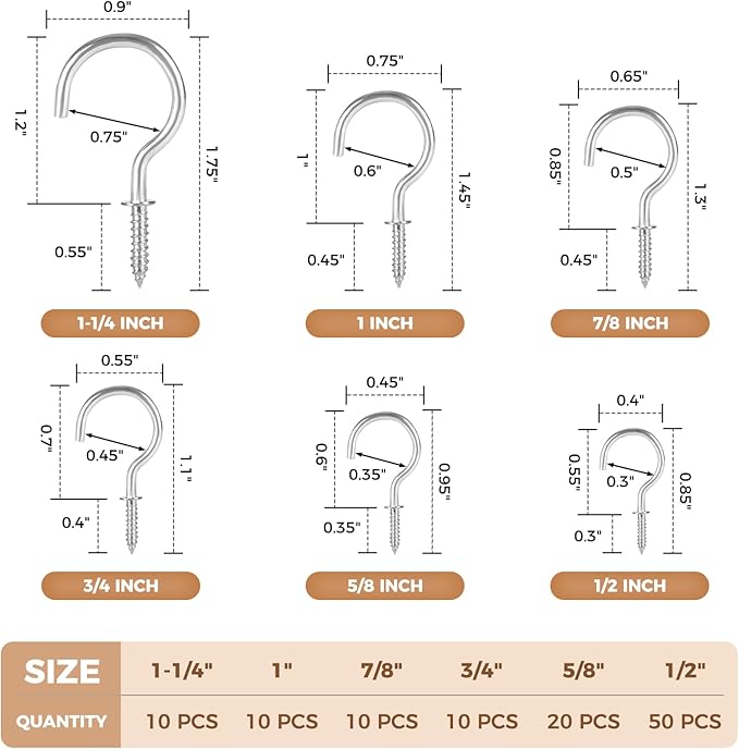 RELBRO Screw Hooks, 6 Sizes Metal Screw in Cup Hooks, 1/2 Inch, 5/8 Inch, 3/4 Inch, 7/8 Inch, 1 Inch, 1-1/4 Inch, Silver, 110 Pcs