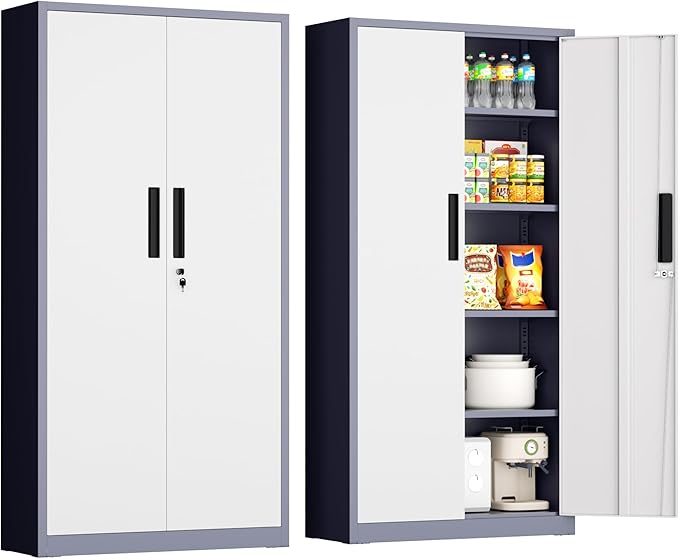 INTERGRAET 63" Pantry Cabinet, Kitchen Pantry Storage Cabinets with 2 Doors and 4 Shelves,Gray White Metal Storage Cabinet,Cupboard for Home,Kitchen,Living Room/Dining
