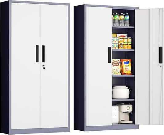 INTERGRAET 63" Pantry Cabinet, Kitchen Pantry Storage Cabinets with 2 Doors and 4 Shelves,Gray White Metal Storage Cabinet,Cupboard for Home,Kitchen,Living Room/Dining