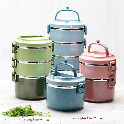 SANQIAHOME 3 Tier Stackable Stainless Steel Lunch Box Sealed(blue, 3 layers) with spoon and fork