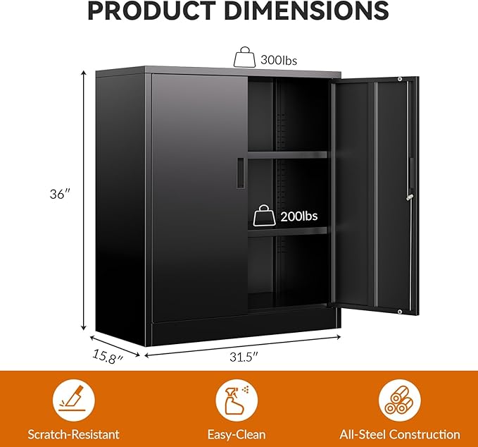 BESFUR Metal Storage Cabinet, Garage Storage Cabinet with 2 Adjustable Shelves, Locking Short Storage Cabinet for Office Garage Home, Black Metal Cabinets (36" H x 31.5" W x 16" D)