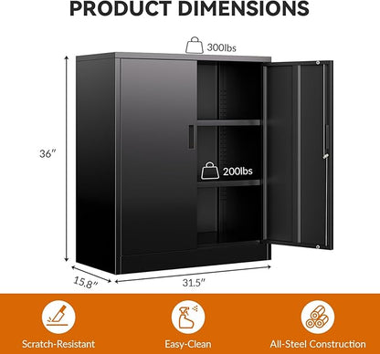 BESFUR Metal Storage Cabinet, Garage Storage Cabinet with 2 Adjustable Shelves, Locking Short Storage Cabinet for Office Garage Home, Black Metal Cabinets (36" H x 31.5" W x 16" D)