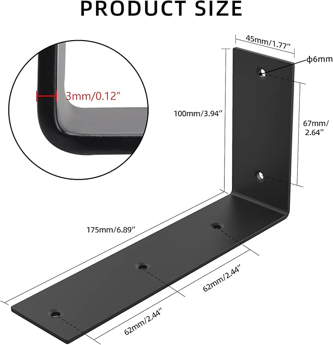 YUMORE Black Shelf Bracket, 7 Inch L Brackets Heavy Duty, Stainless Steel Shelf Supports Wall Mounted for Floating Shelves, Includes Hardware, 4 Pack