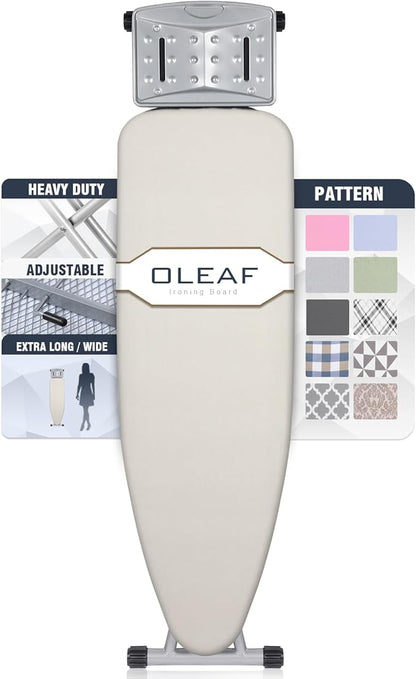oleaf Ironing Board with Cover and Thicken Pad 43 x 13 Height Adjustable Full Size Foldable Iron Board with Iron Rest, Stable Steel Legs, Metal Construction, Heat Resistant, Beige