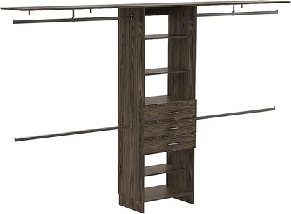 DEPOT E-SHOP Zamora 69"W - 118"W Closet System with Four Hanging Rods, Three Drawers, and Five Shelves, Dark Walnut, Bedroom
