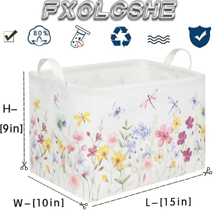 Boho Flower Nursery Basket,Waterproof collapsible storage box,Fall Wildflower Floral Dandelion Storage Bin,Plant Butterfly baby girl gift basket,Girls Bedroom Boho Flower Decor(Dandelion)