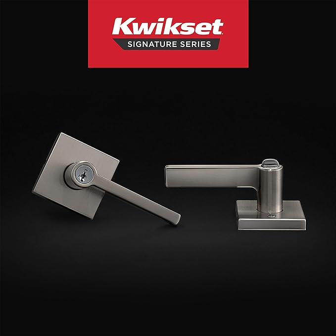 Kwikset Halifax Entry Door Handle with Lock and Key, Secure Keyed Reversible Lever Exterior, For Front Entrance and Bedrooms, Satin Nickel, Pick Resistant Smartkey Rekey Security and Microban