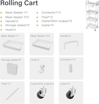 4 Tier Rolling Utility Cart with Handle,REBECAT Utility Cart Made of Multifunctional Storage Organizer Tool for Kitchen,Bathroom,Living Room,Office(White)